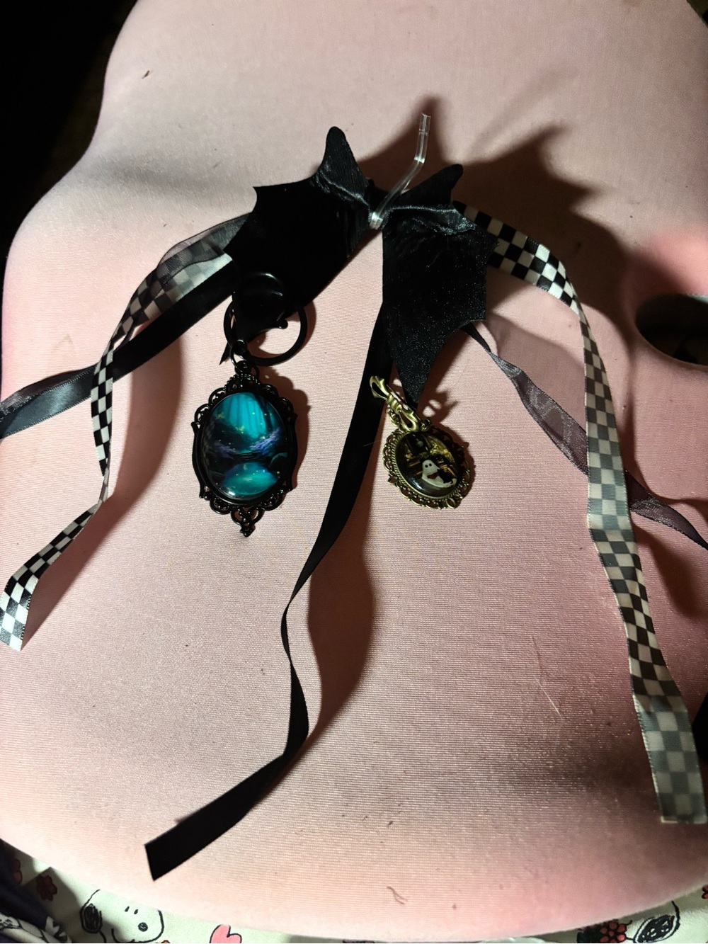 Gothic halloween broch wPendant bag charm pair - Black with Blue & Gold Accents